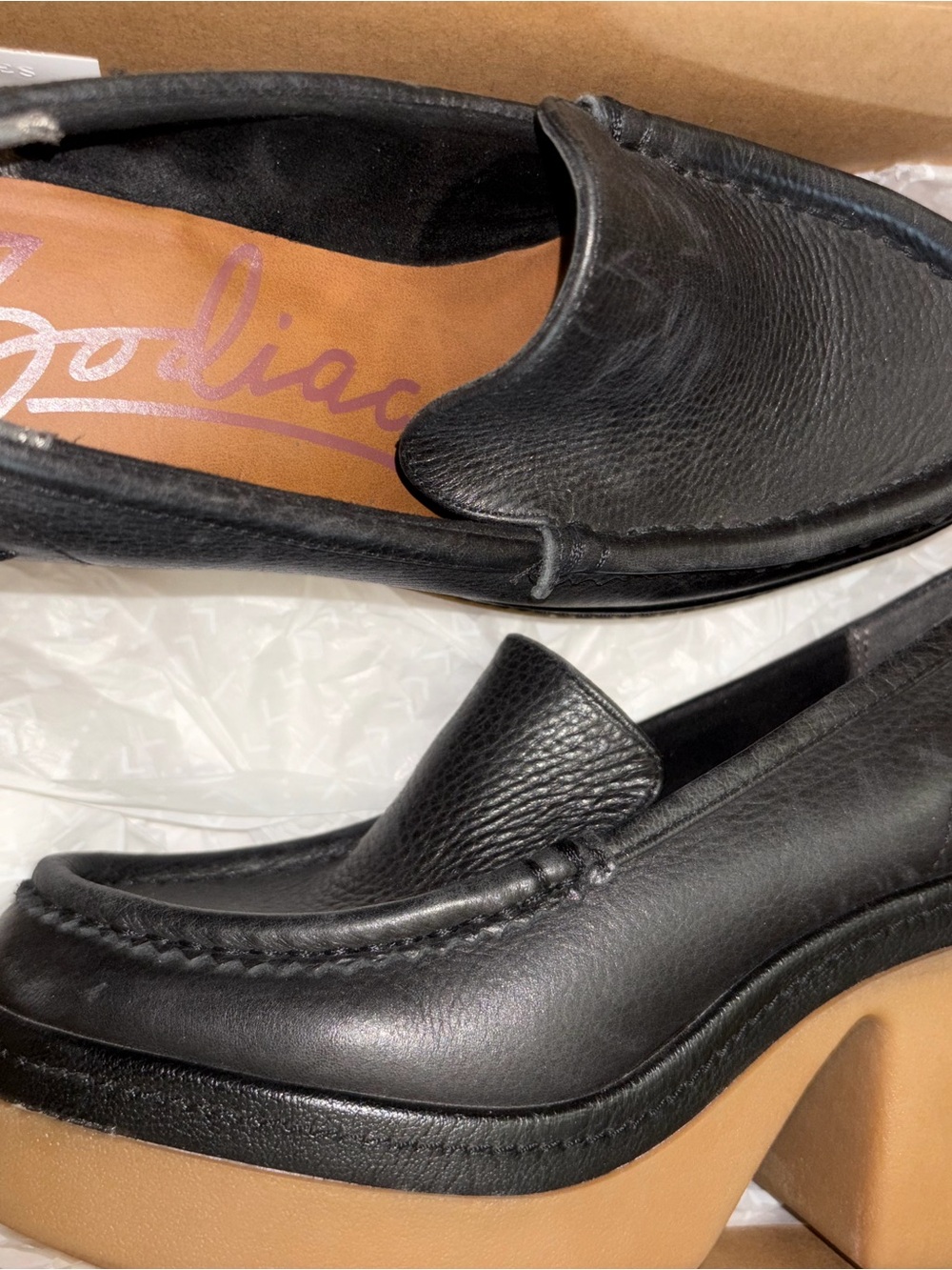 Zodiac Black Leather Platform Slip-On Loafers with Tan Sole